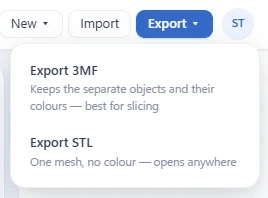 The Export menu: Export 3MF keeps the separate objects and their colours, Export STL is one mesh