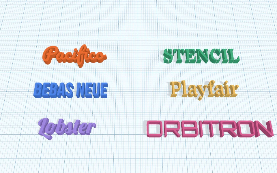 Multi-coloured 3D lettering in six fonts, ready for multi-colour printing