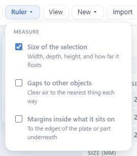 The Ruler menu: measure the size of the selection, the gaps to nearby parts, or margins