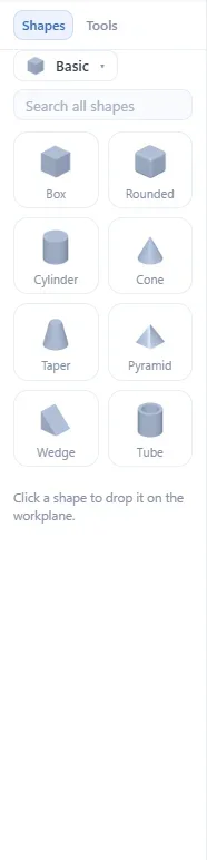 The Shapes tab: the Basic category with box, cylinder, sphere, cone and more